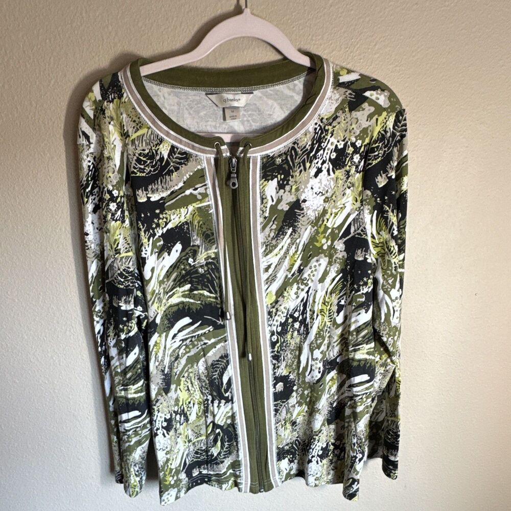 CJ Banks Women’s Top Size 1X Green Black White Abstract Zip-Front Long Sleeve
